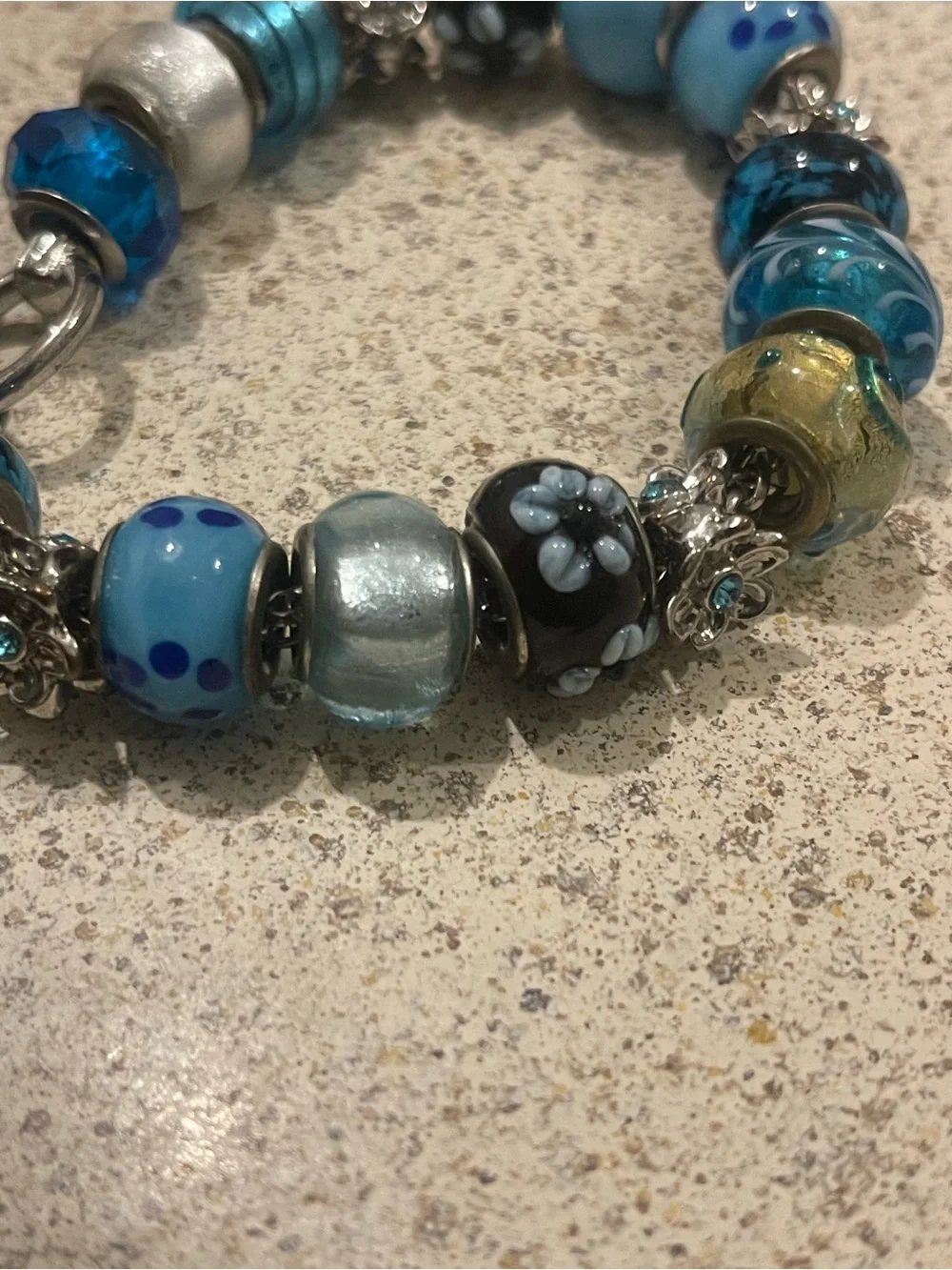 Blue Glass Bead Charm Bracelet - Silver Toggle Clasp